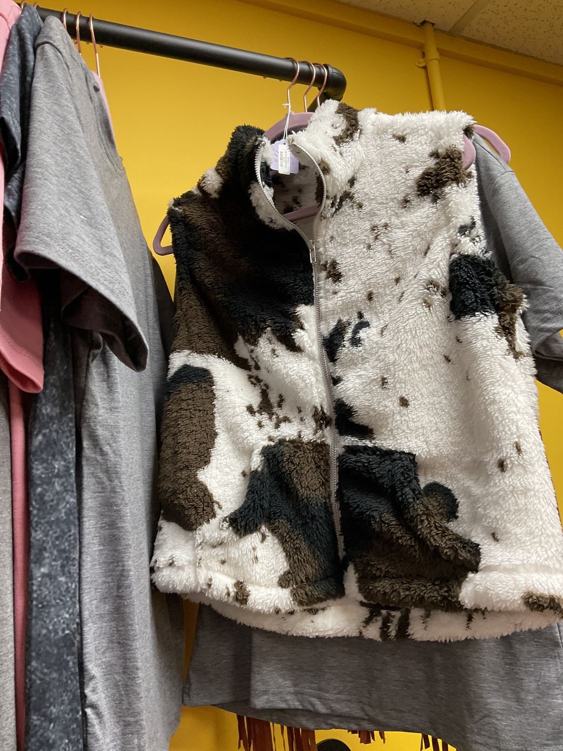 Cow pattern plush zip up vest