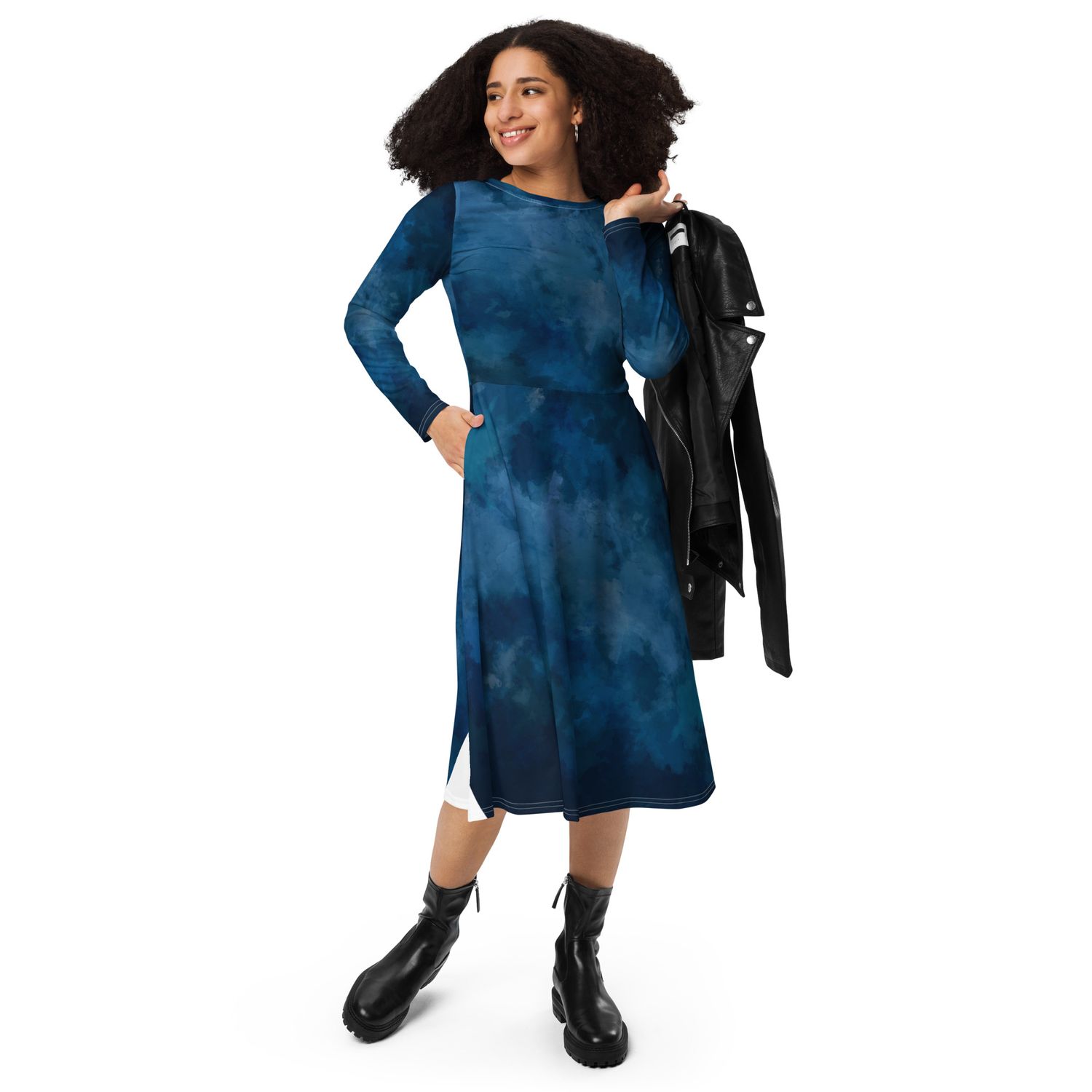 All-over print long sleeve midi dress