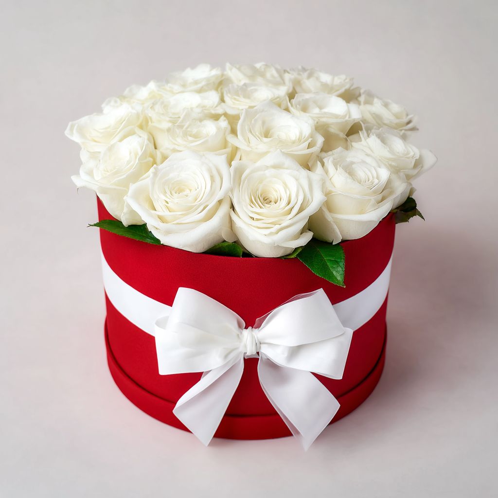 Composição numa caixa VÊNUS com rosas