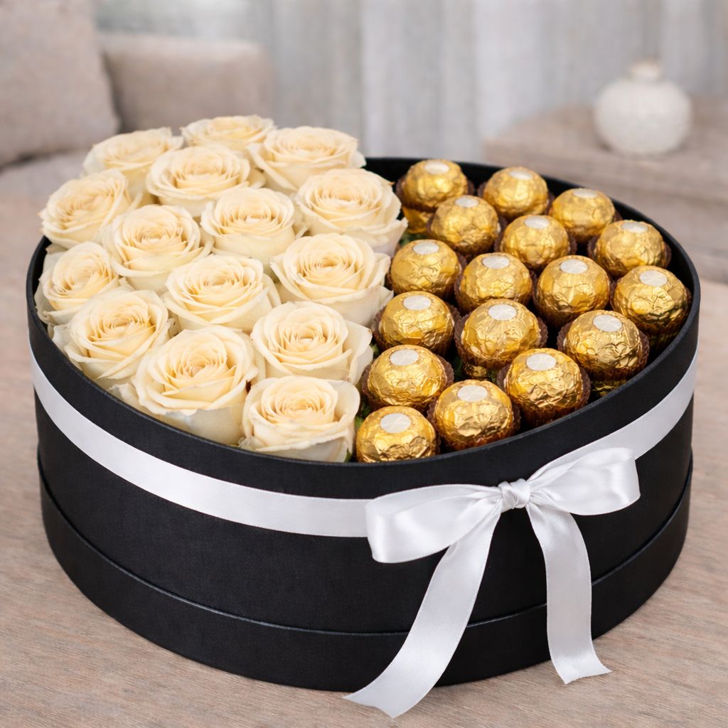 Caixa floral com rosas e chocolates 2-em-1