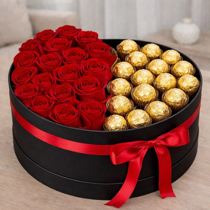 Caixa floral com rosas e chocolates 2-em-1 Caixa floral com rosas e chocolates 2-em-1