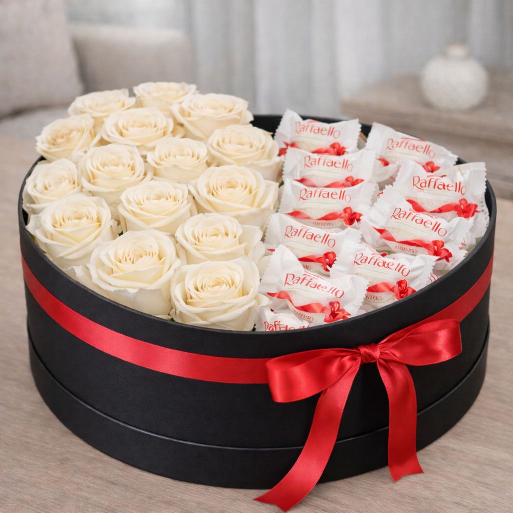 Caixa floral com rosas e chocolates 2-em-1