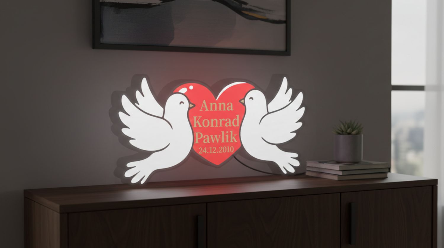 🤍 Personalizowany Neon LED dla Pary – Serce z Gołębiami