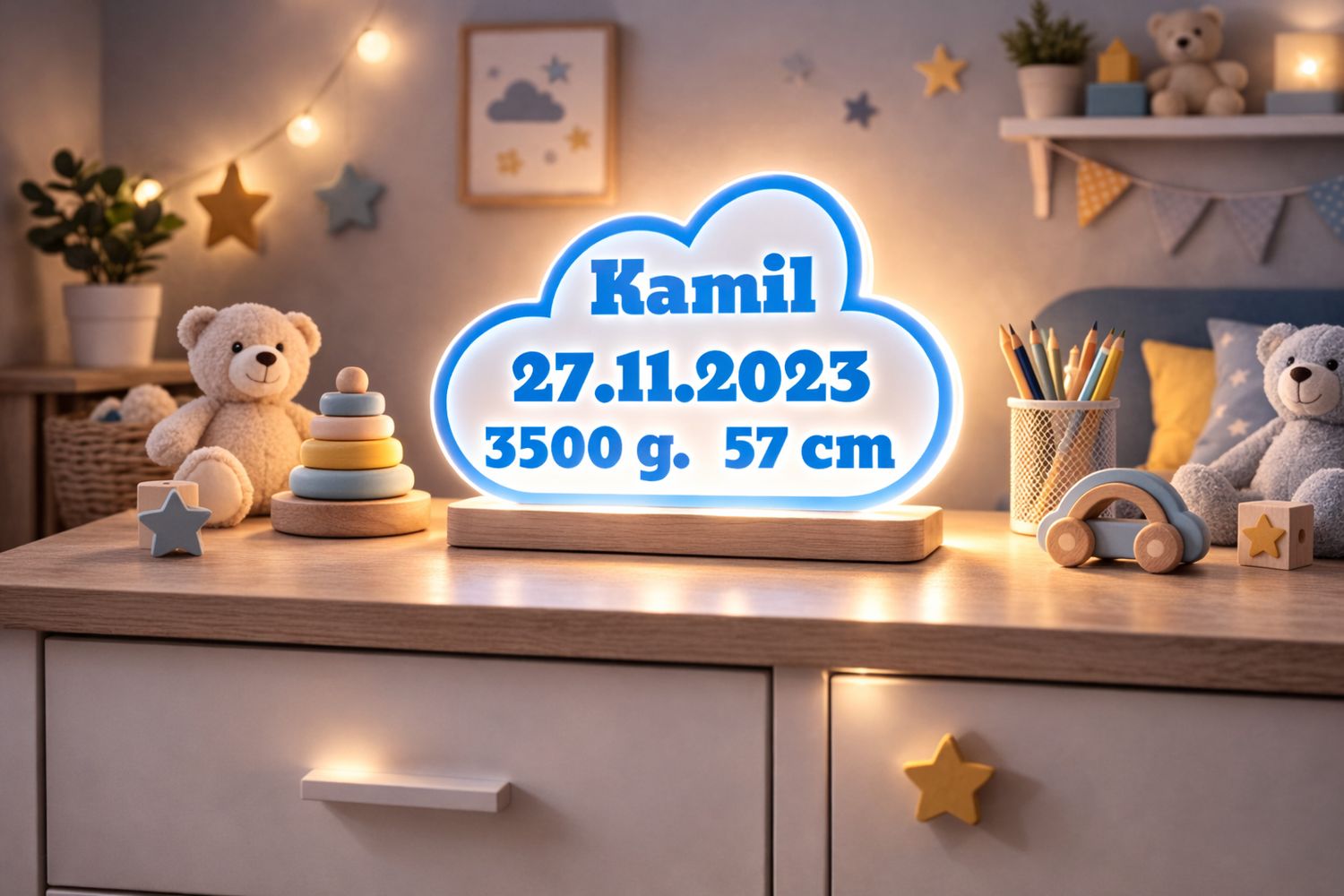Personalizowana Lampka LED z Metryczką – Chmurka 3D