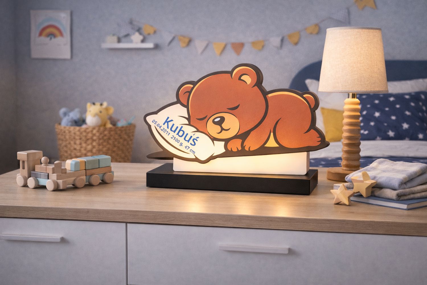 Personalizowana Metryczka 3D LED „Śpiący Miś”