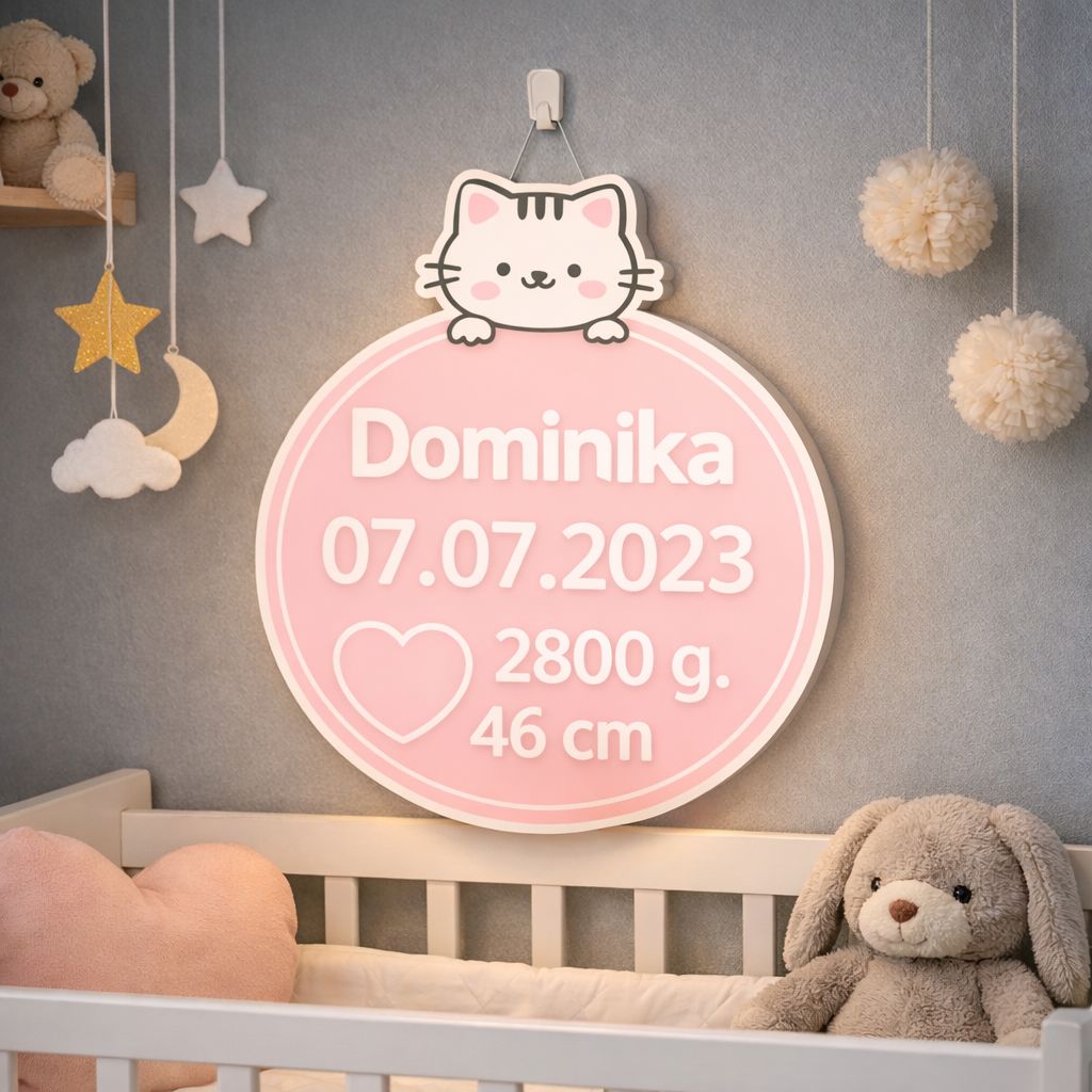 Personalizowana Metryczka 3D LED „Kotek – Okrągła” Personalizowana Metryczka 3D LED „Kotek – Okrągła”