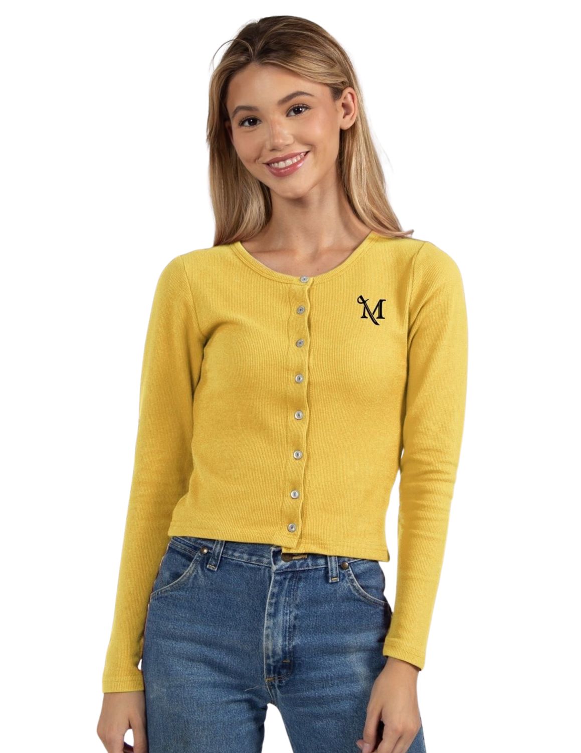 Button Front Embroidered Cardigan, Color: Gold, Size: Small