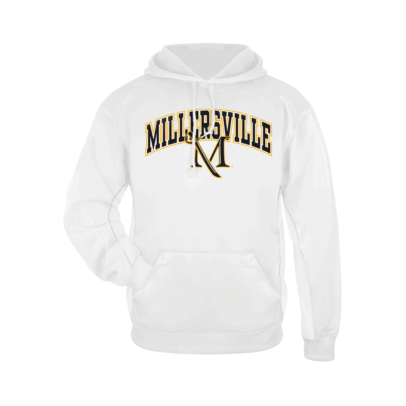 B-Core Hood Millersville Applique with M-Sword, Color: White, Size: Small