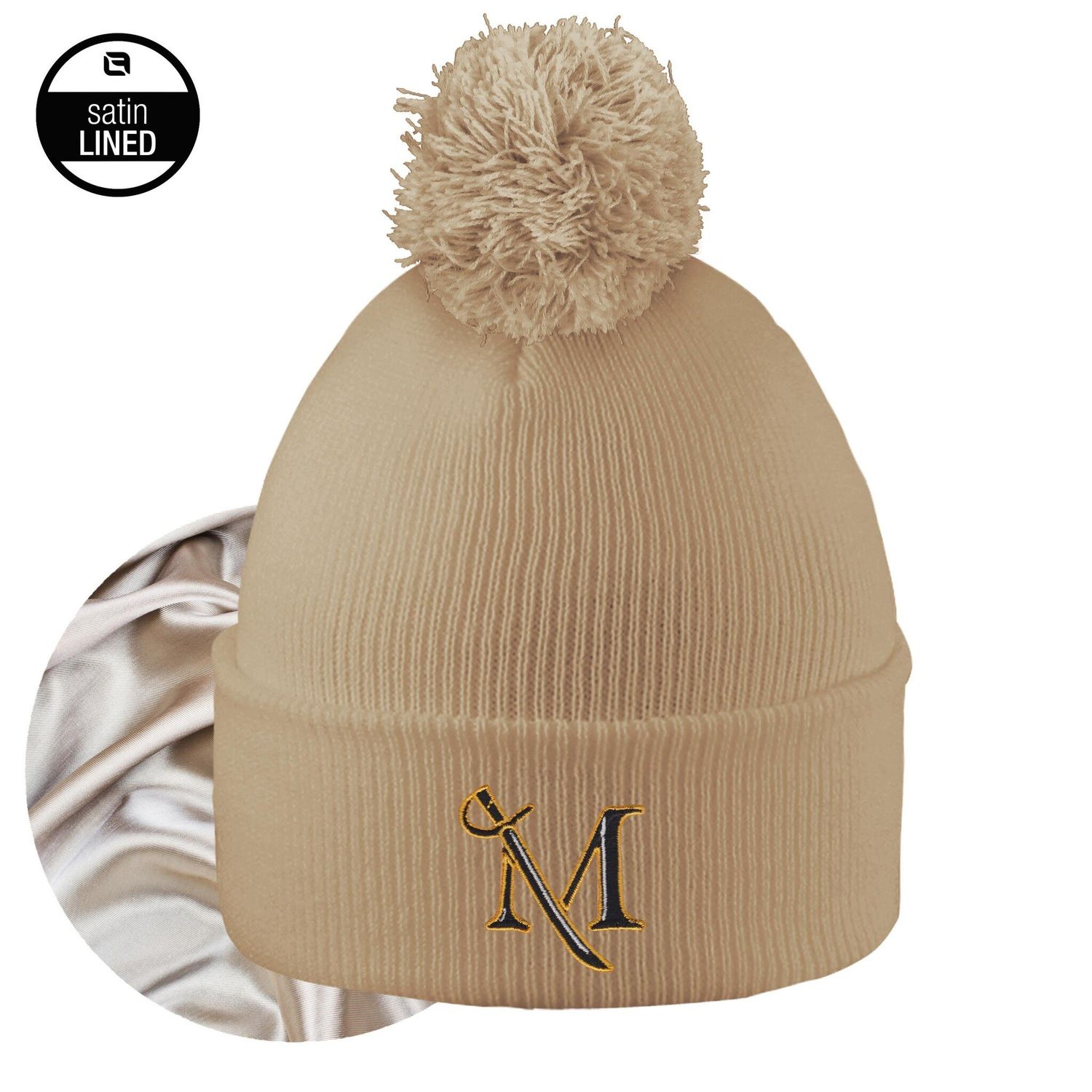 Monroe Satin Lined Knit Cuff Beanie with Pom, Color: Tan