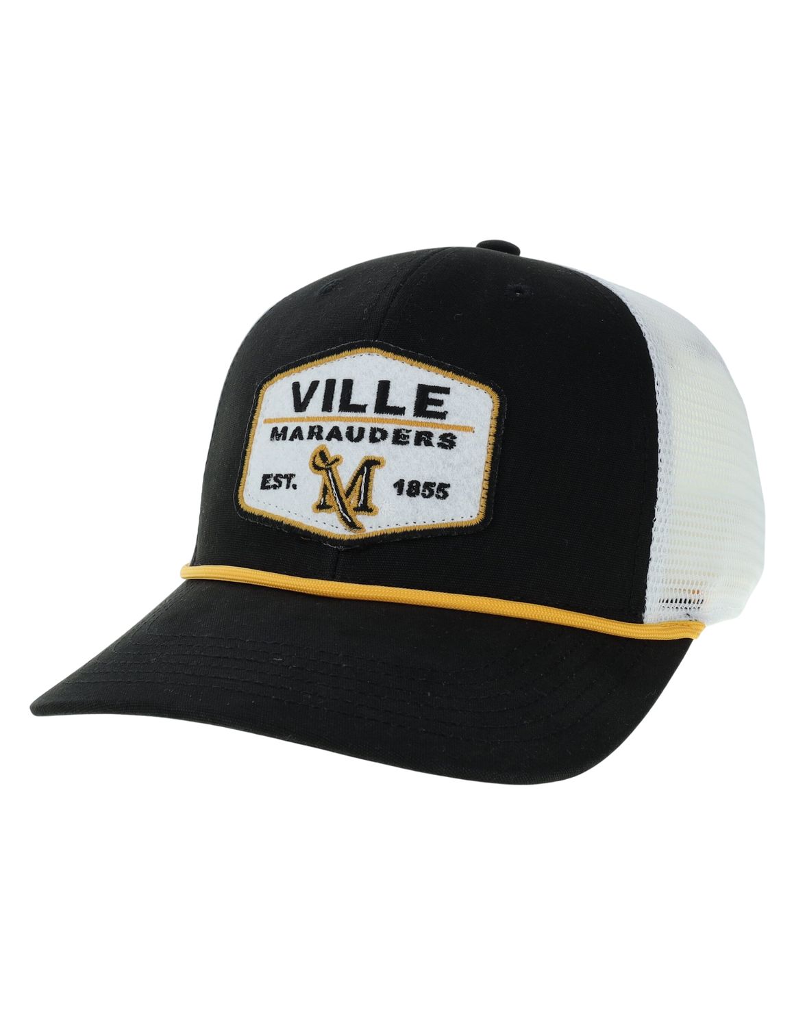 Black Trucker Hat with White Rope and Patch