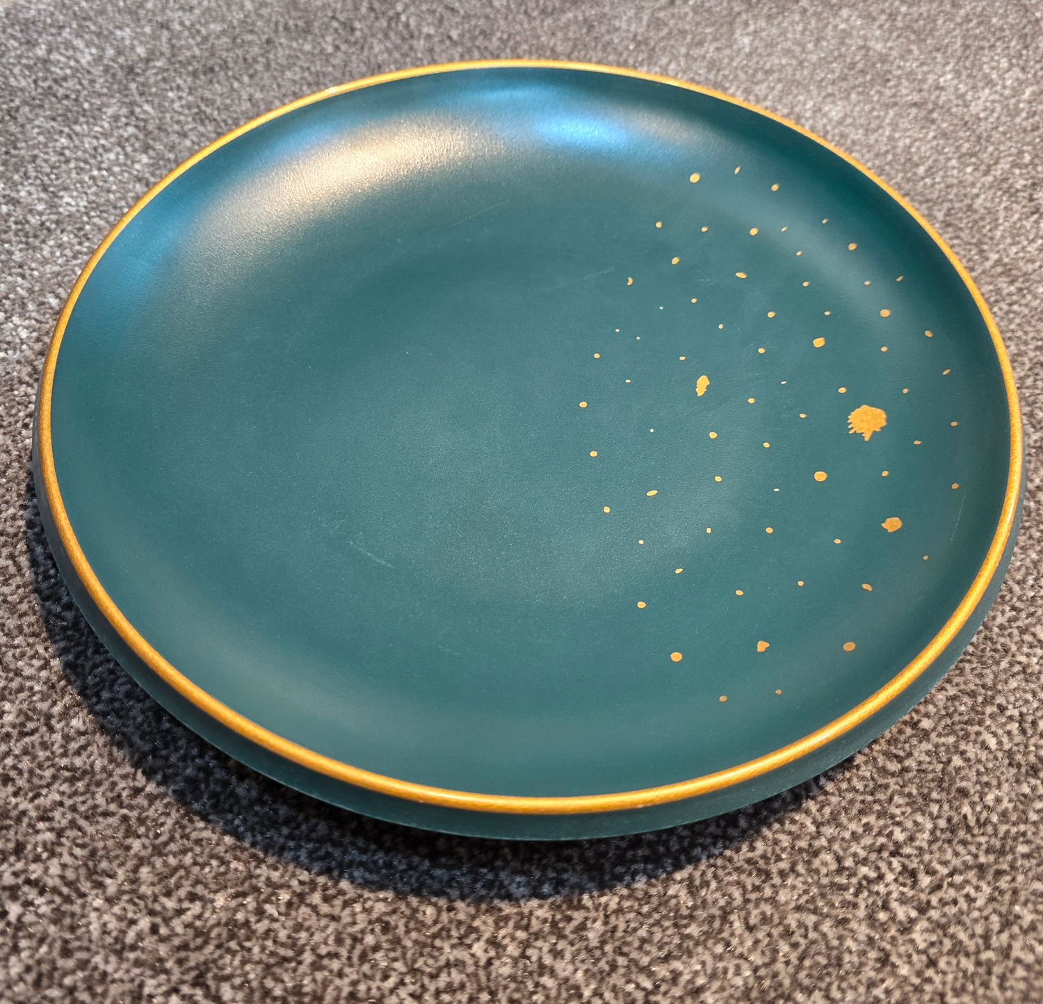 Melamin Shatterproof, 10" Deep round plate, Golden edge + golden dots, Color: Dark green