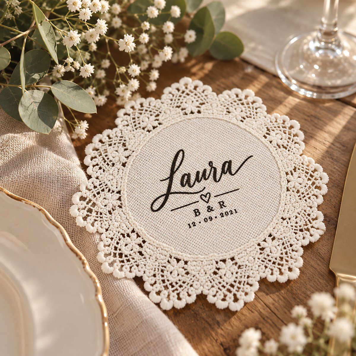 Posavasos de lino personalizado para boda