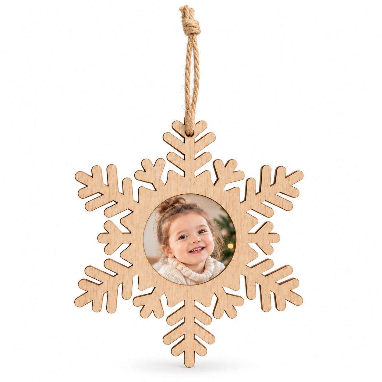 Adorno de Navidad copo de nieve de madera con tu foto
