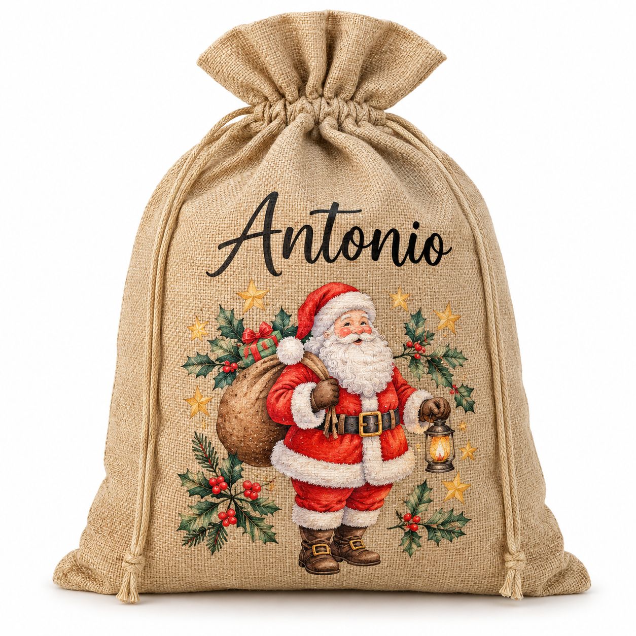 Saco de Papá Noel de yute personalizado con nombre (55x75 cm)