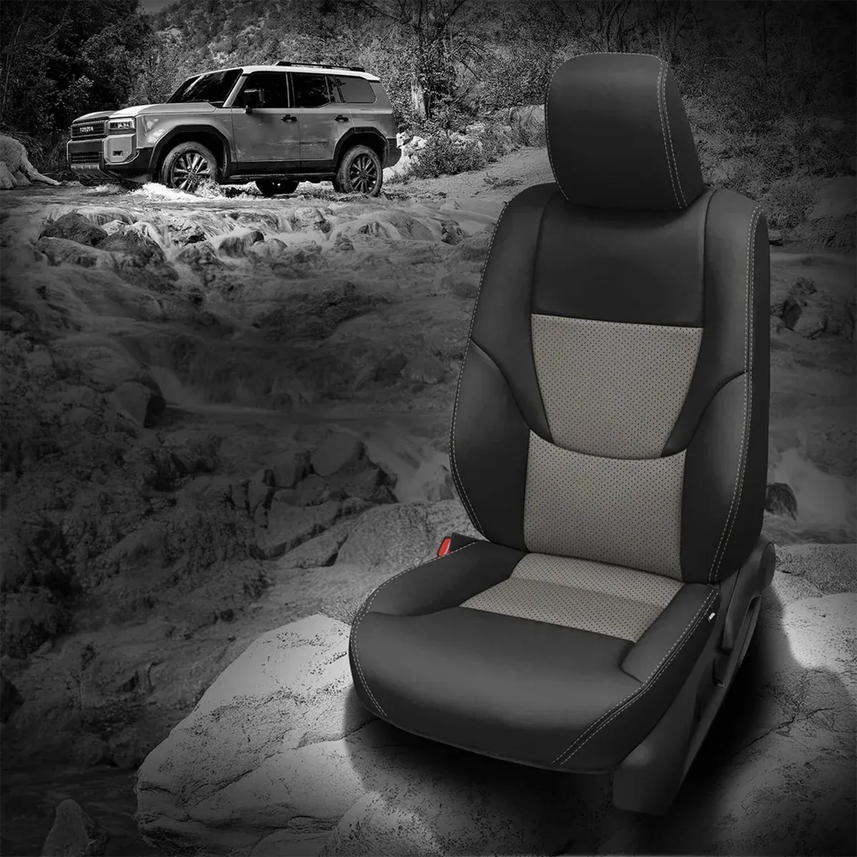 2025 Land Cruiser Hybrid Replacement Seat Covers - Black Wrap, Ash Insert, Perf Insert, Ash Contrast all stitch 2025 Land Cruiser Hybrid Replacement Seat Covers - Black Wrap, Ash Insert, Perf Insert, Ash Contrast all stitch