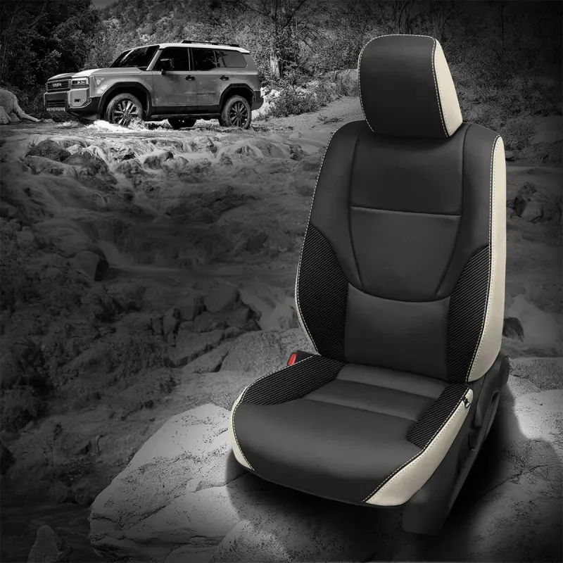 2025 Land Cruiser Hybrid Replacement Seat Covers - Pearl Wrap, Black Faces, Carbon Shadow Vinyl Wings, Pearl Contrast all stitch
