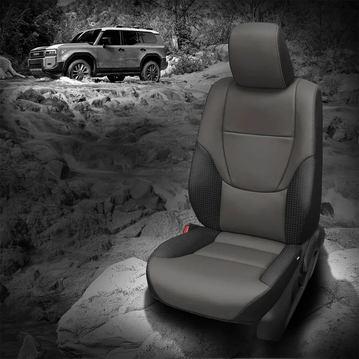 2025 Land Cruiser Hybrid Replacement Seat Covers - Black Wrap, Lt Grey Center, Barracuda Flint Wings, Black Contrast all stitch