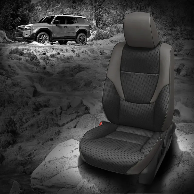 2025 Land Cruiser Hybrid Replacement Seat Covers - Lt Grey Wrap, Black Body, Black Perf Wings, Black Contrast all stitch, Block Piping