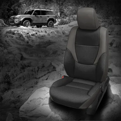 2025 Land Cruiser Hybrid Replacement Seat Covers - Lt Grey Wrap, Black Body, Black Perf Wings, Black Contrast all stitch, Block Piping 2025 Land Cruiser Hybrid Replacement Seat Covers - Lt Grey Wrap, Black Body, Black Perf Wings, Black Contrast all stitch, Block Piping