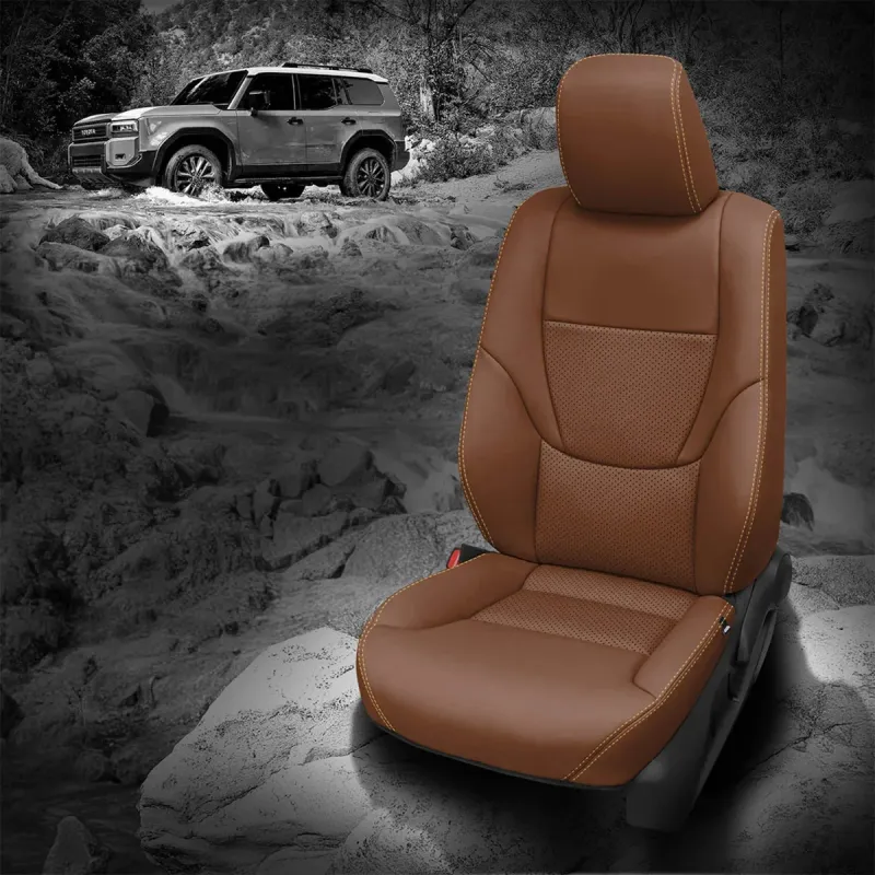 2025 Land Cruiser Hybrid Replacement Seat Covers - Mahogany Wrap, Perf Insert, Mayan Gold Contrast all stitch