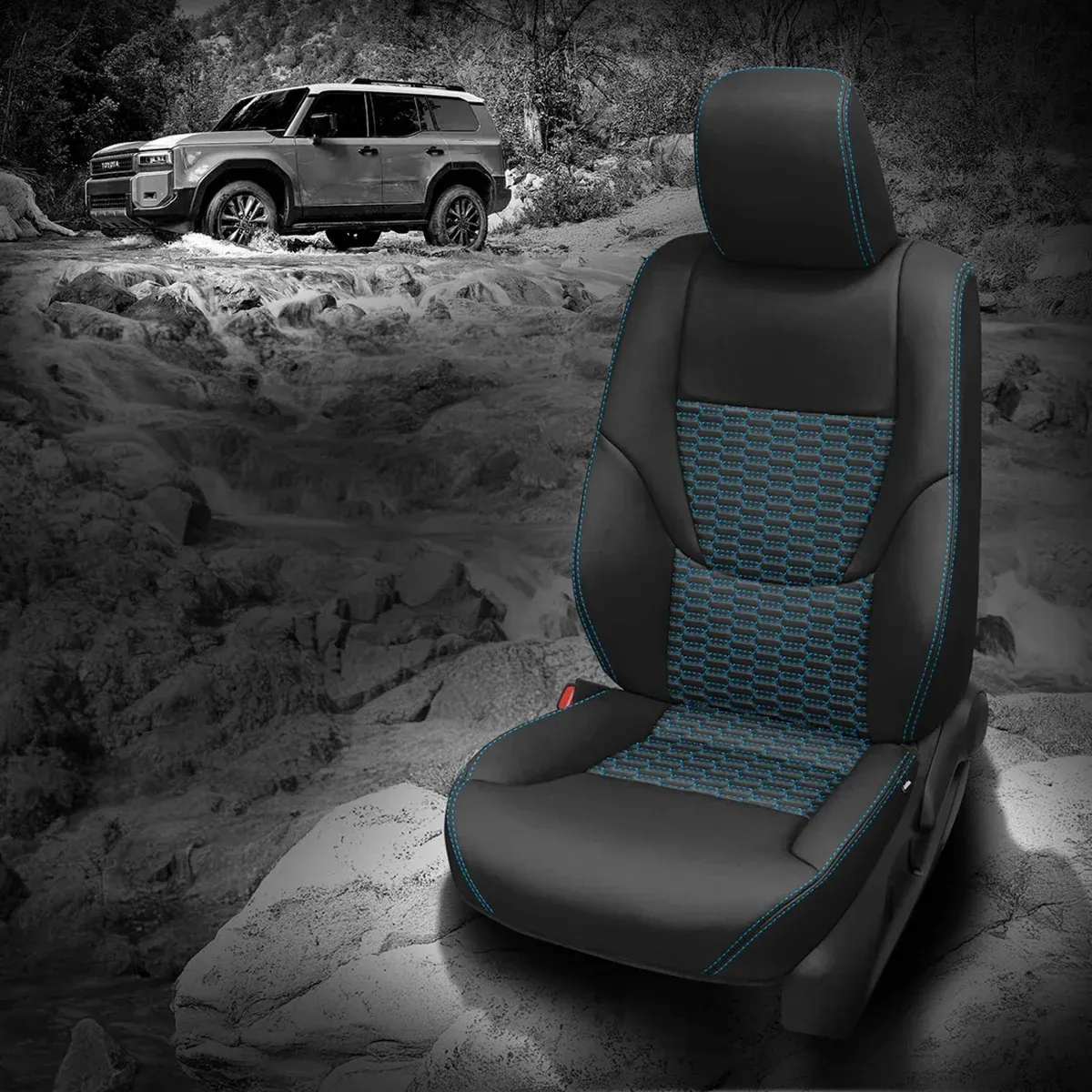 2025 Land Cruiser Hybrid Replacement Seat Covers - Black Wrap, Surf Blue Contrast all stitch, TekStitch Double Hex Insert, Surf Blue TekColor 2025 Land Cruiser Hybrid Replacement Seat Covers - Black Wrap, Surf Blue Contrast all stitch, TekStitch Double Hex Insert, Surf Blue TekColor