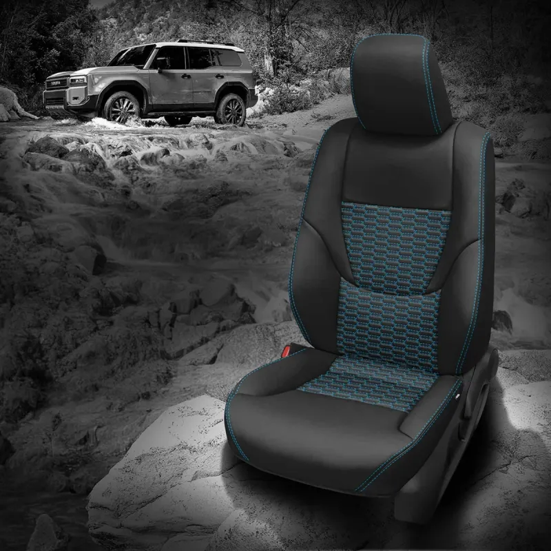 2025 Land Cruiser Hybrid Replacement Seat Covers - Black Wrap, Surf Blue Contrast all stitch, TekStitch Double Hex Insert, Surf Blue TekColor 2025 Land Cruiser Hybrid Replacement Seat Covers - Black Wrap, Surf Blue Contrast all stitch, TekStitch Double Hex Insert, Surf Blue TekColor