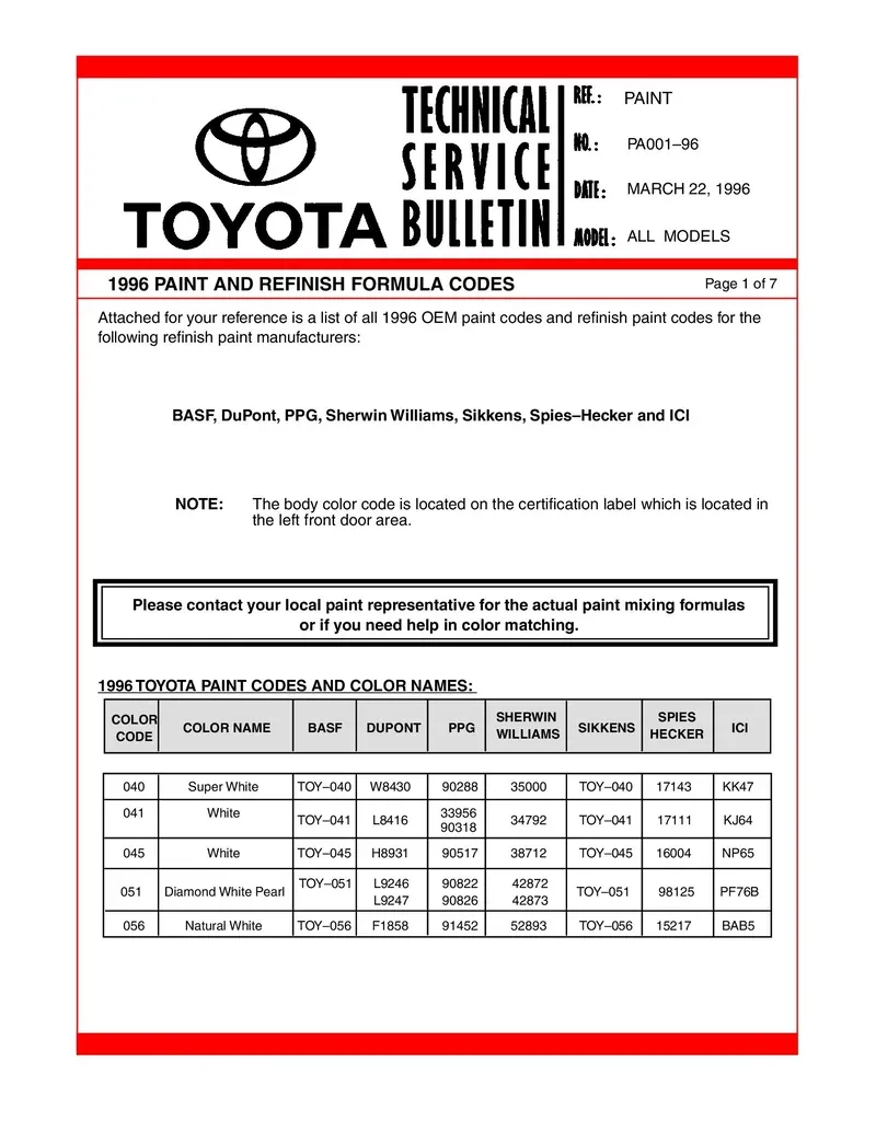 PA001-96 1996 Paint and Refinish Formula Codes