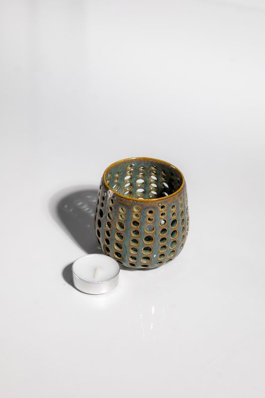 Mid century modern brown and blue green candleholder with pierced holes hand made by corterra