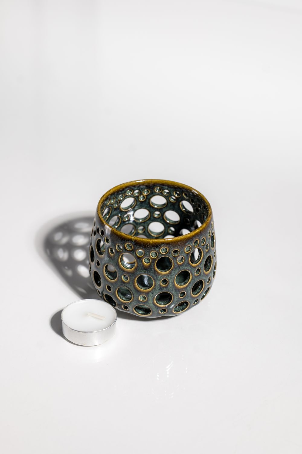 Fun daisy patterned nighlight tealight candleholder handmade in united states by small batch pottery studio CORTERRA