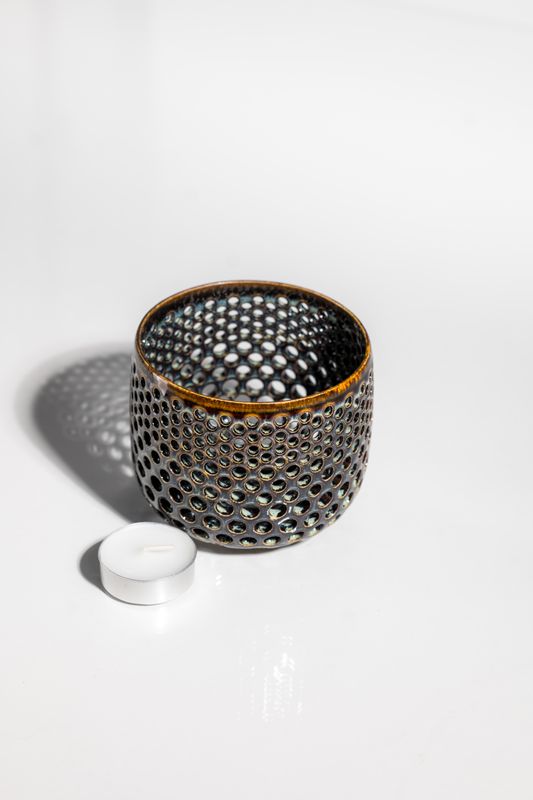 High detail ceramic pottery tealight candleholder handmade by small batch local pottery studio. 