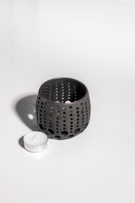 Matte black brutalist ceramic tealight candleholder made out of stoneware by CORTERRA CERAMICS