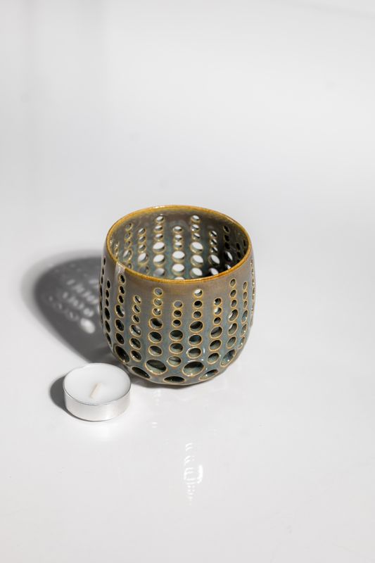 Hand made ceramic lantern candle holder for tealights. Hurricane style handmade by CORTERRA in the USA