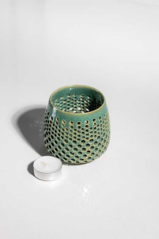 Perfect house warming gift for candle lovers. Tealight ceramic illuminated lantern in teal blue turquoise color. Handmade 
