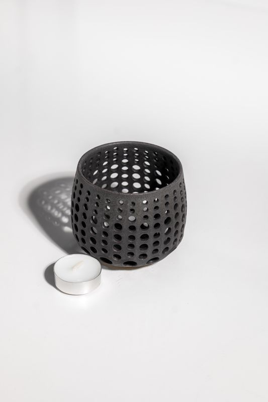 Brutalist contemporary matte black accent decor. Tealight candle votive holder hand thrown on the pottery wheel.