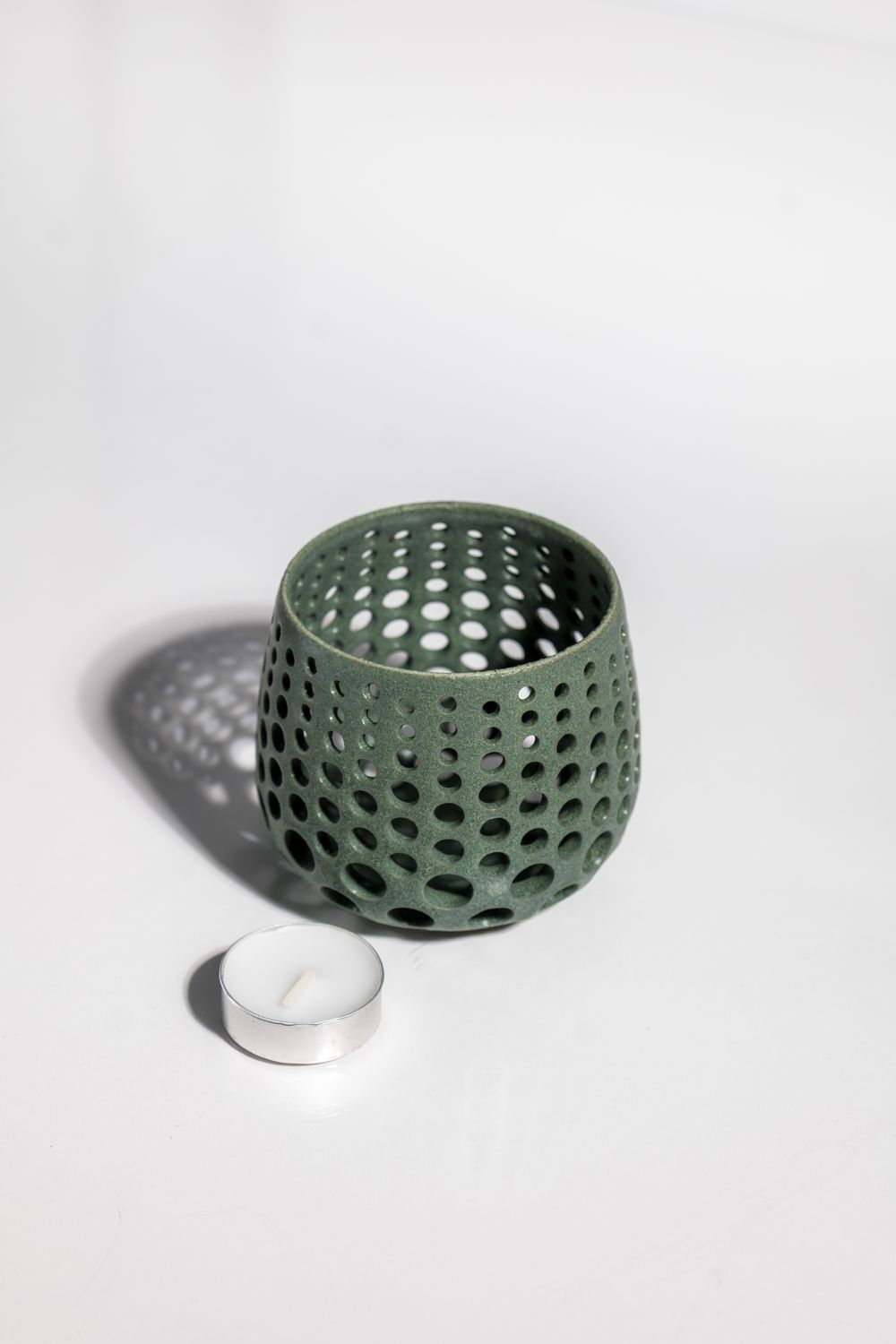 Matte green contemporary modern ceramic candleholder hand thrown on the wheel.