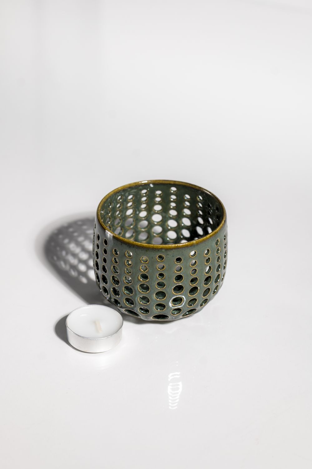 Gloss green handmade ceramic tealight candleholder thrown on the wheel and hand glazed in the USA by CORTERRA Clay