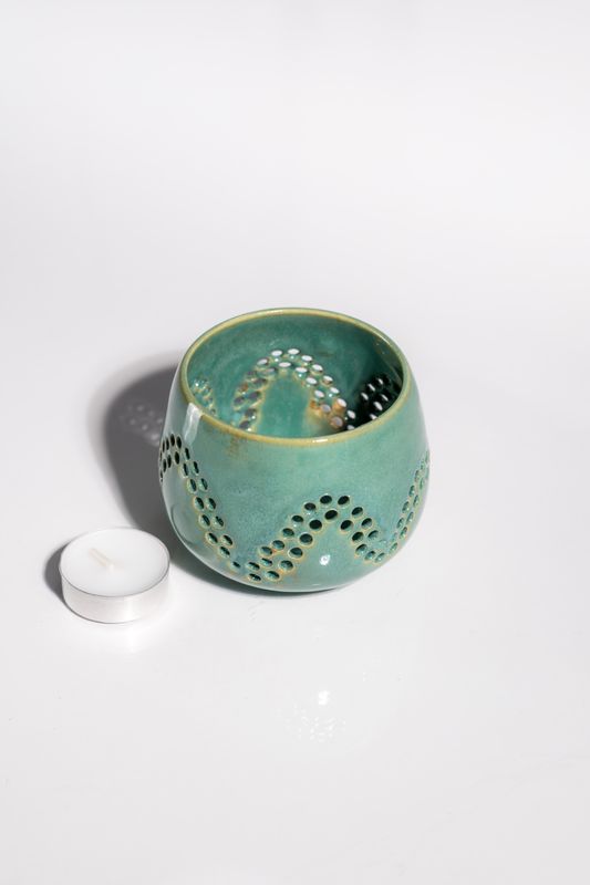 Wavy pattern CORTERRA ceramic candleholder handmade in USA by artisanal ceramic artists. Made for tealight candles