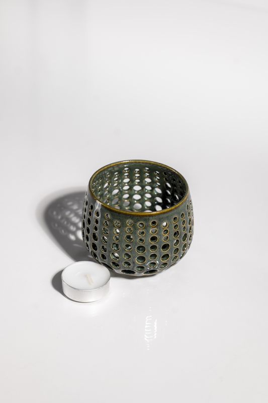 Forest green ceramic pottery candleholder for cozy living room decor. CORTERRA Ceramics tealight candleholder