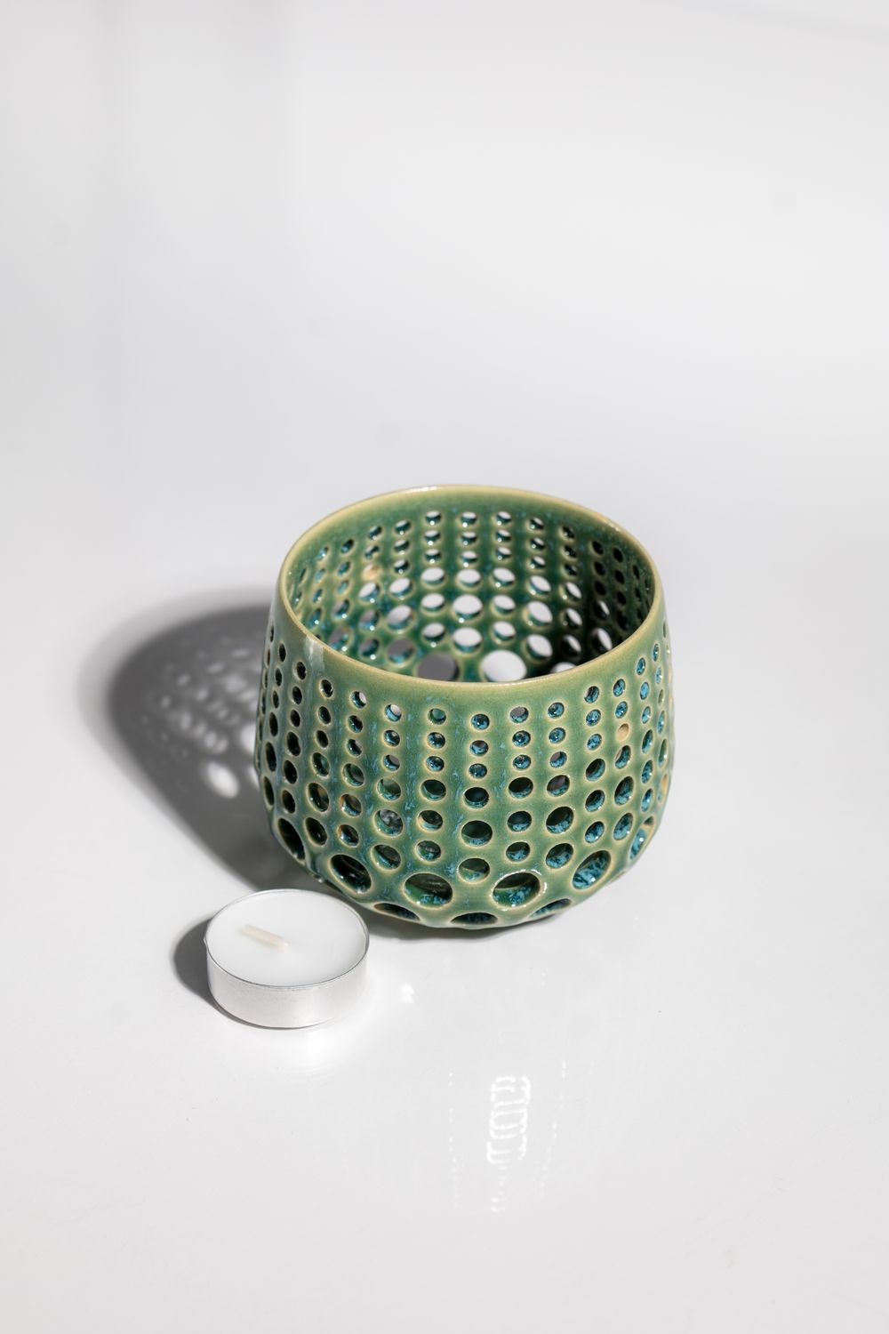 Cute curated ceramic tealight candleholder, perfect gift for candlelovers. Blue/teal color handmade in USA by CORTERRA