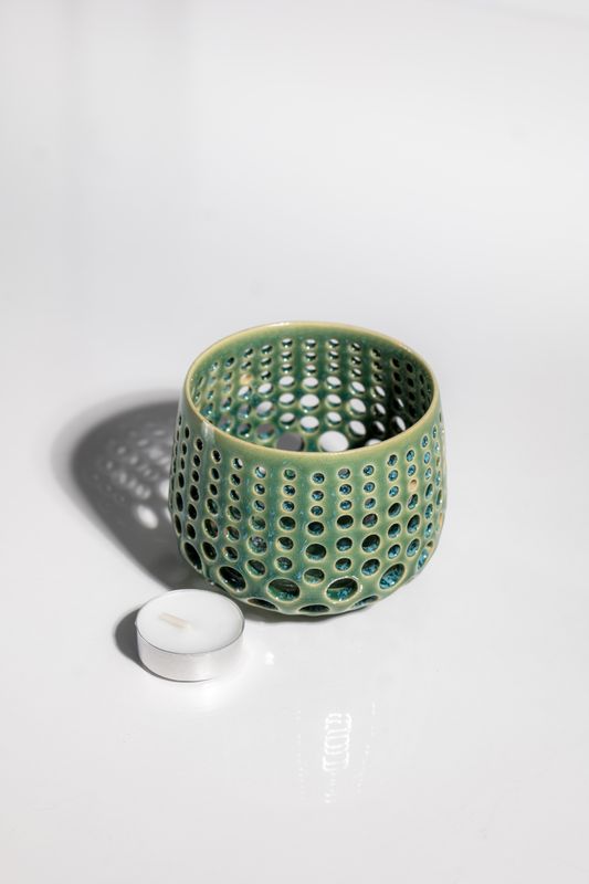 Cute curated ceramic tealight candleholder, perfect gift for candlelovers. Blue/teal color handmade in USA by CORTERRA