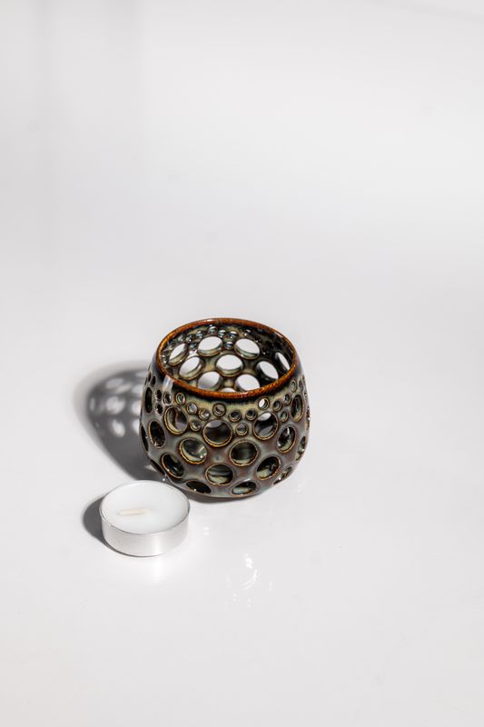 Light and airy ceramic tealight candleholder handmade and hand thrown by CORTERRA clay in the state of WA USA.