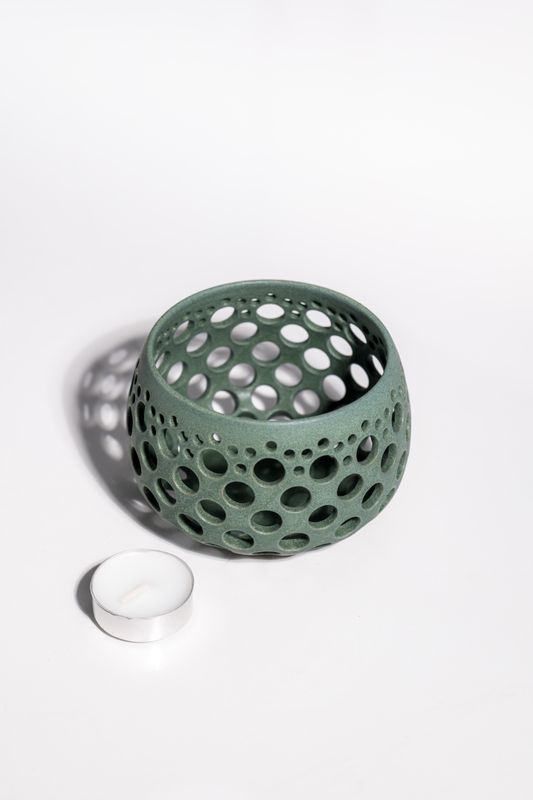 Matte green ceramic candleholder, hand-made and thrown on the wheel, for a votive or tealight candle. Gifts for moms