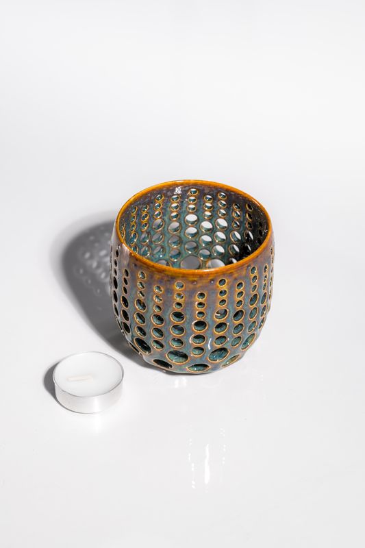 Mid century modern ceramic votive tealight candleholder. Handmade by CORTERRA Clay studios in USA.