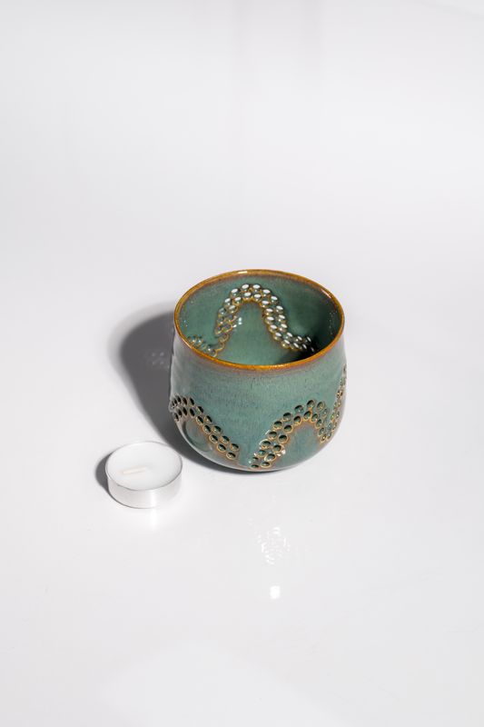 Sandy ocean-inspired ambient lighting votive tealight candleholder made by a local artist at CORTERRA studio. Perfect gift 