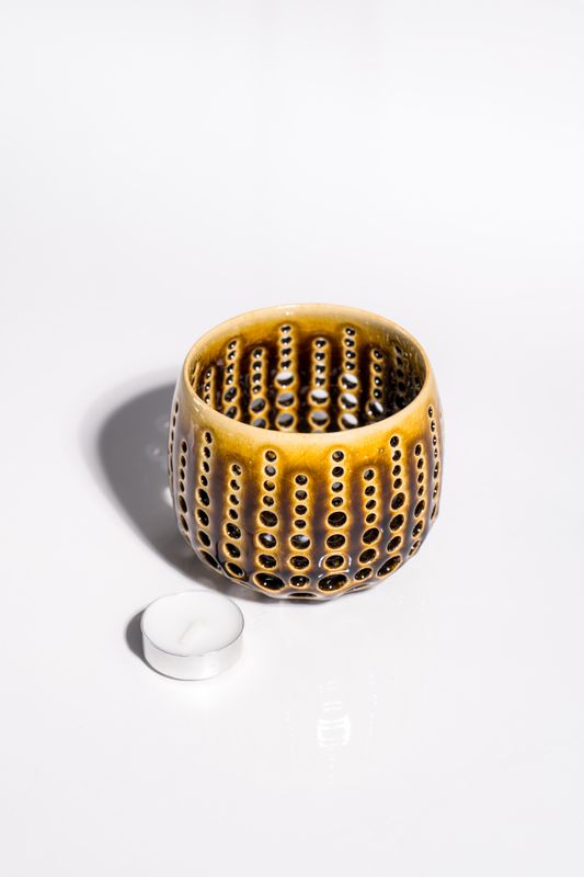 Mid-century modern MCM handmade interior design decor. Ceramic tealight candleholder CORTERRA clay. Hand made ambient light