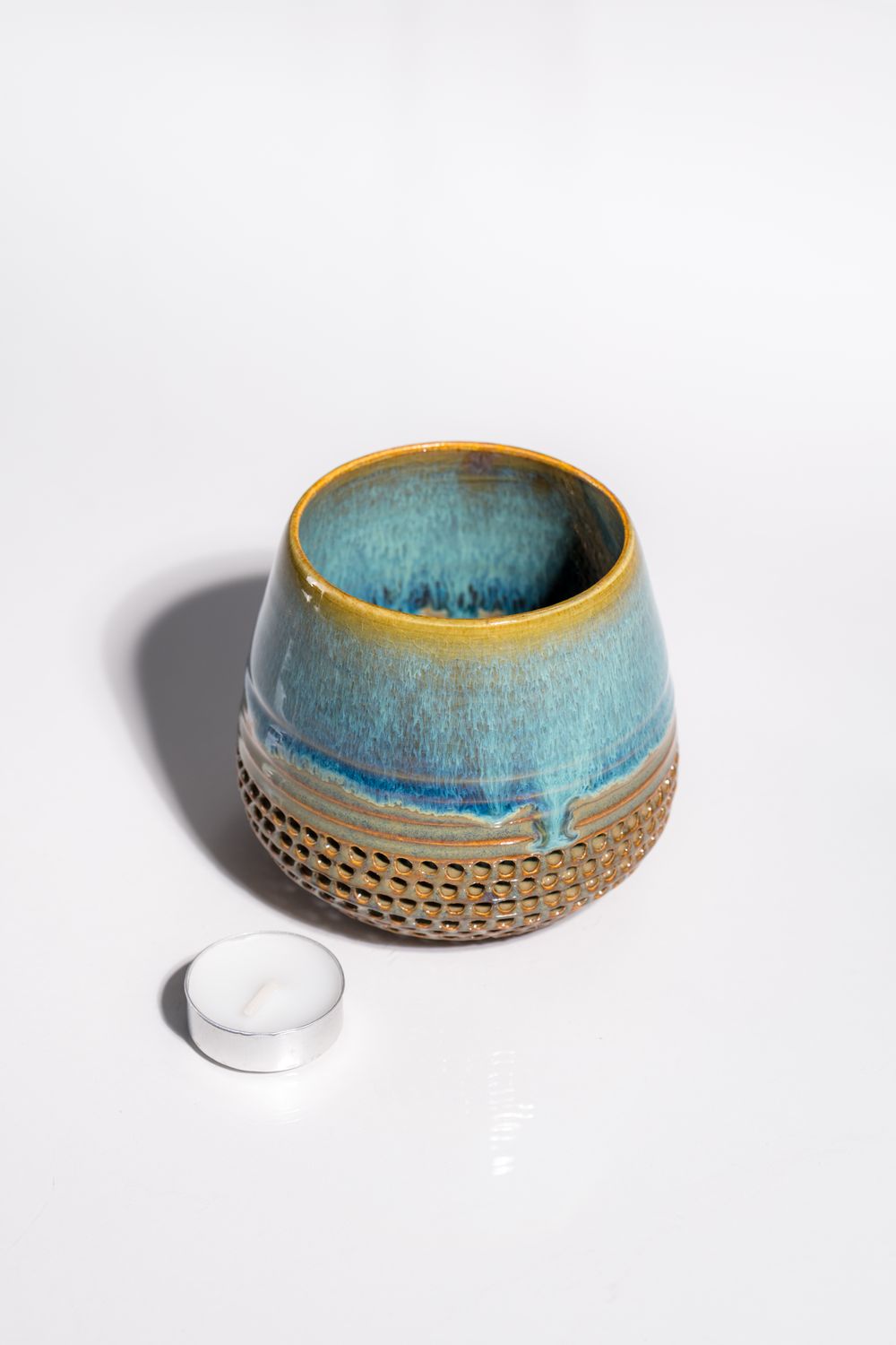 Contemporary handmade interior decor for ambient lighting and cozy setting. Ceramic tealight candleholder handmade CORTERRA