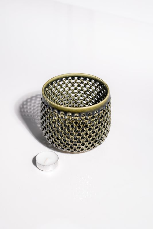 Stunning gift. luxury interior design. hand made ceramic candleholder in dark forest green glaze made by CORTERRA clay. 