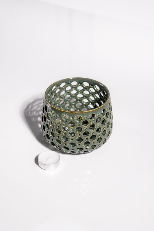 Large ceramic cozy candleholder in moss green color, hand-carved into stoneware. Great gift for tealight candle lovers.