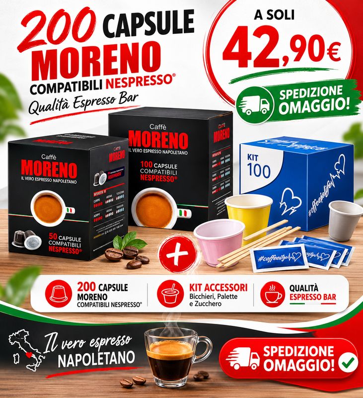 PROMO 200 Capsule Nespresso® Moreno® + 2 Kit Accessori da 100Pz SPEDIZIONE GRATUITA