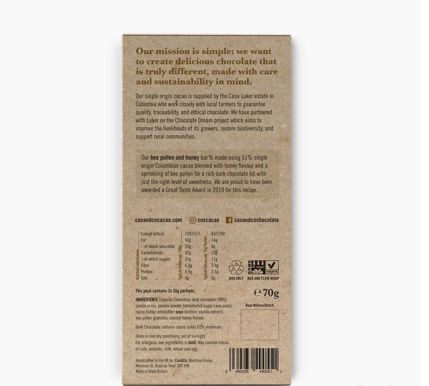 Cox &amp; Co Bee Pollen &amp; Honey 60% Dark Chocolate Bar